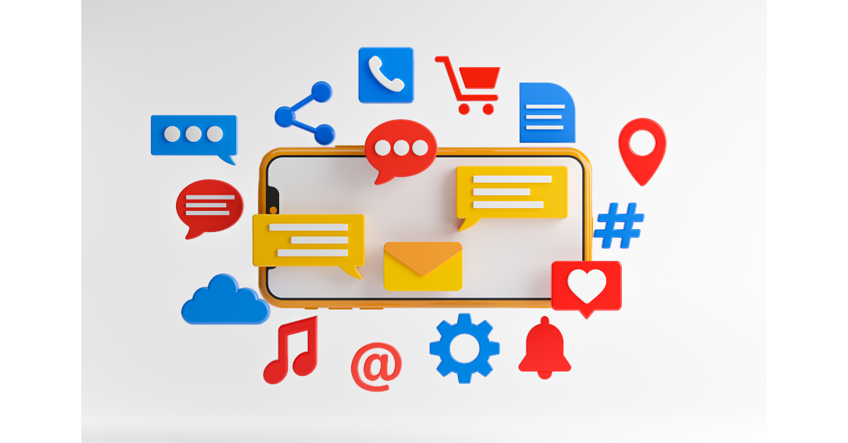 様々なメディアのアイコンがスマホの周りに配置されている