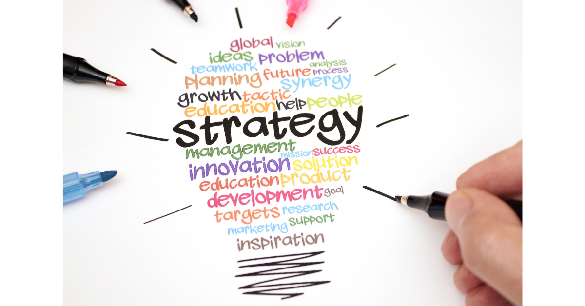 真ん中に大きくstrategy（戦略）と書かれ、色とりどりの文字が周りをかこっている